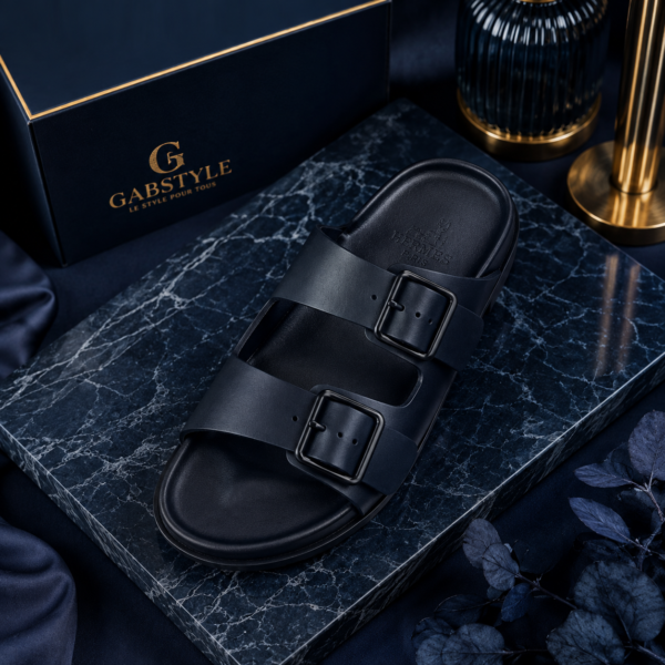 Sandales Homme Double Boucle Bleu Nuit Premium – Confort & Style | GabStyle Gabon