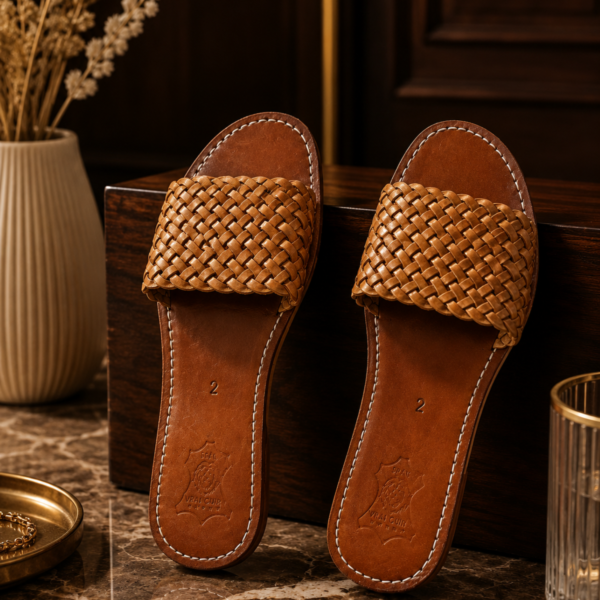 Sandales Femme en Cuir Tressé Marron Camel – Mules Élégantes Fabriquées au Maroc