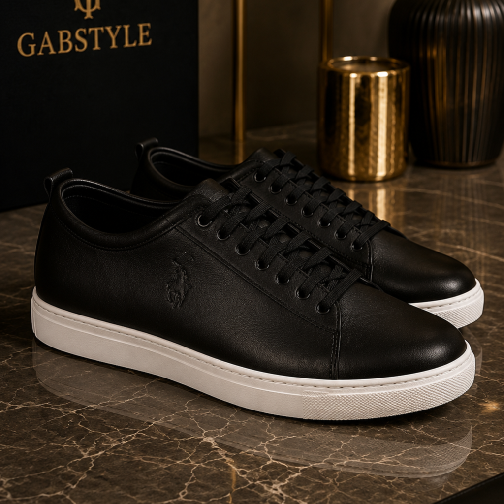 Baskets Homme Noires en Cuir – Sneakers Élégantes à Semelle Blanche