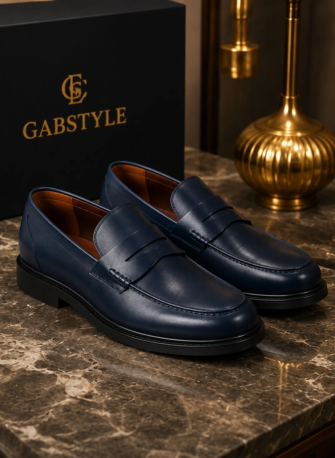 Mocassins homme bleu marine devant une boîte GabStyle